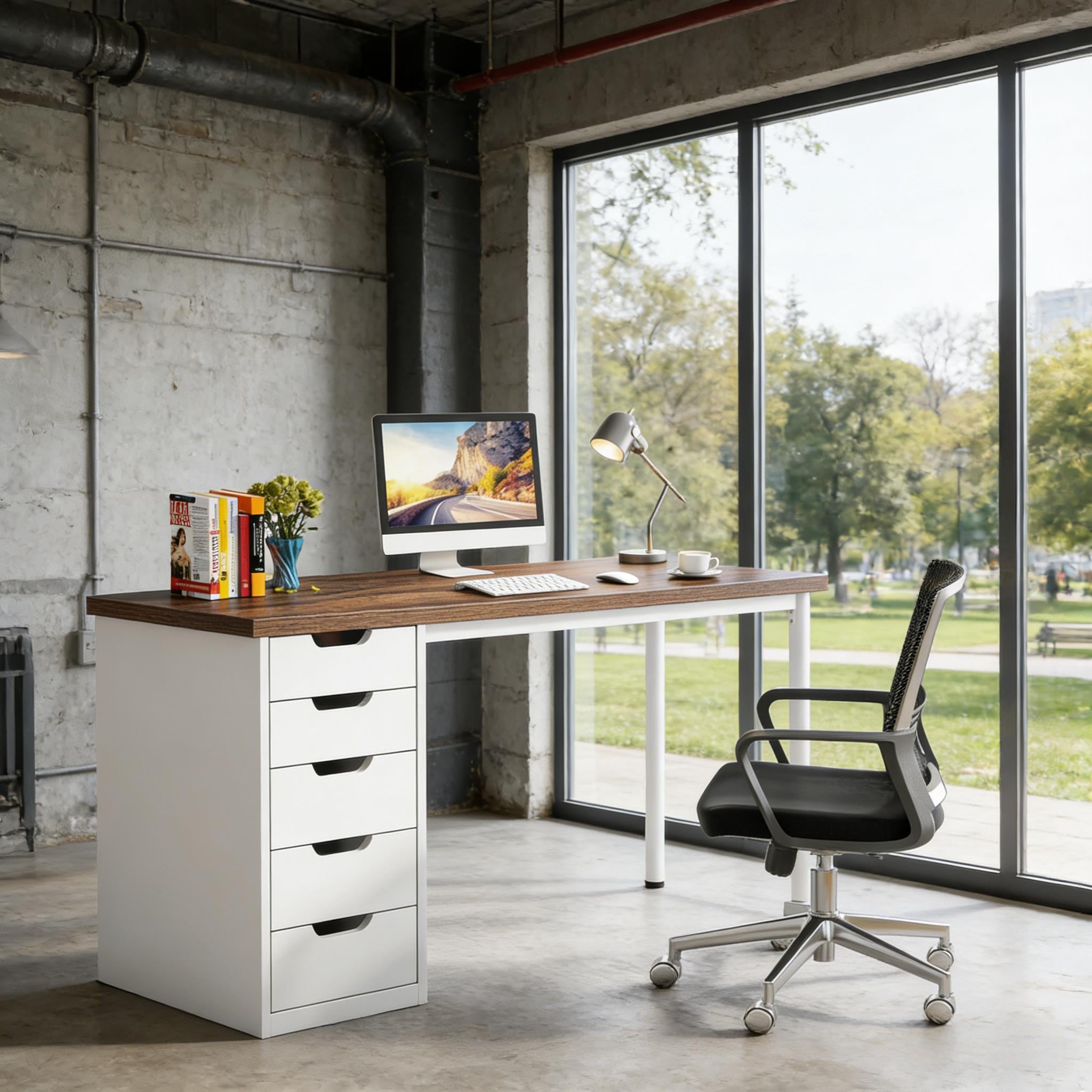Computer Desk With 5 Drawers, Modern Study Table Writing Desk_voghion.com
